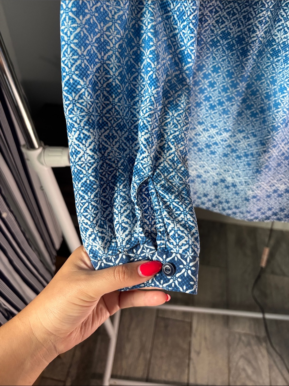 Diane Von Furstenberg Blue and White Printed Button-Down Blouse - Picture 9 of 12